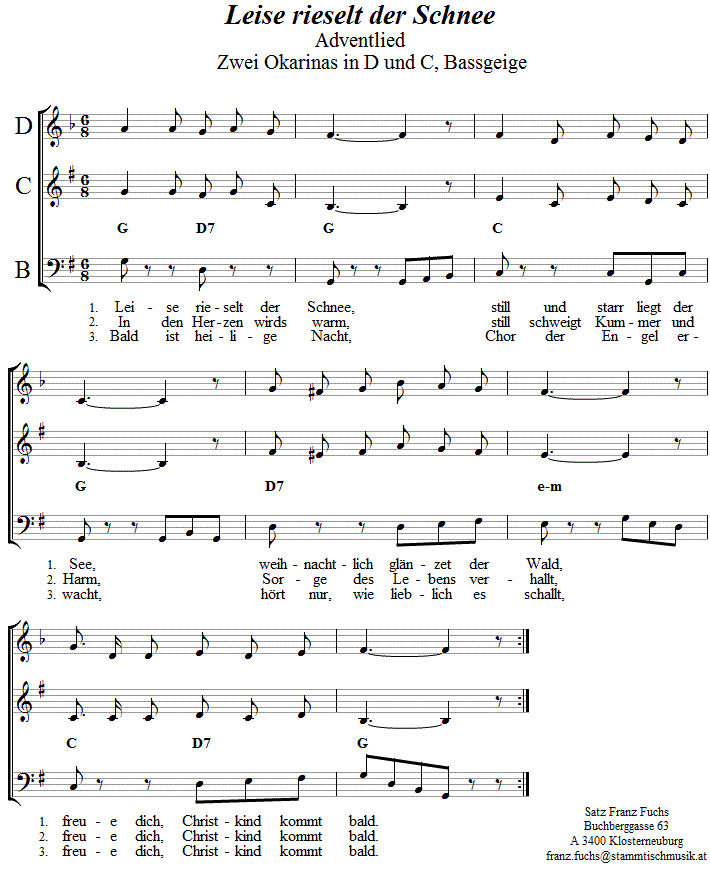 Leise rieselt der Schee, Krippenlied in zweistimmigen Noten für Okarina, Seite 1. 
Bitte klicken, um die Melodie zu hören.