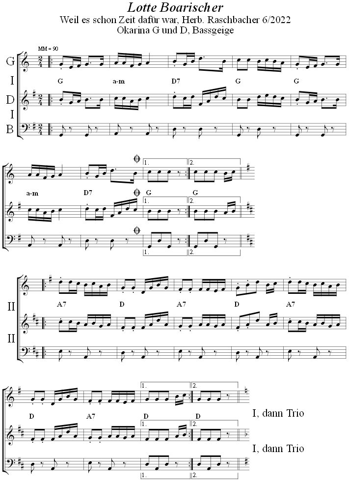 Lotte Boarischer, Seite 1, in zweistimmigen Noten für Okarina. 
Bitte klicken, um die Melodie zu hören.