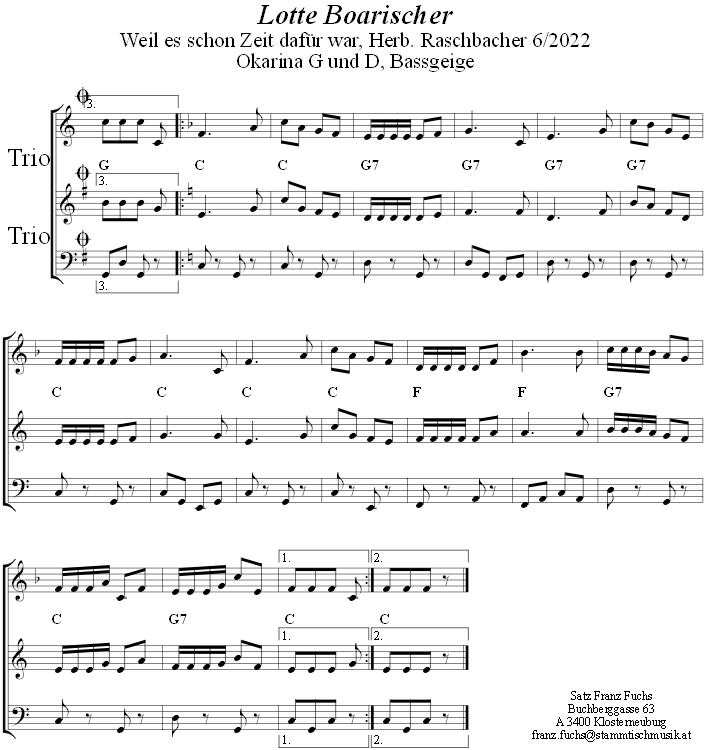 Lotte Boarischer, Seite 2, in zweistimmigen Noten für Okarina. 
Bitte klicken, um die Melodie zu hören.