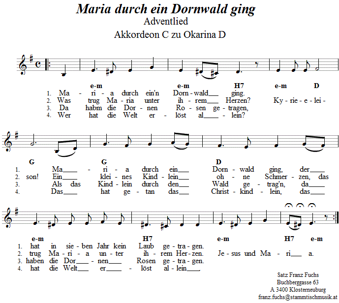 Maria durch ein Dornwald ging, Adventlied, Begleitstimme für Akkordeon zur Okarina. 
Bitte klicken, um die Melodie zu hören.