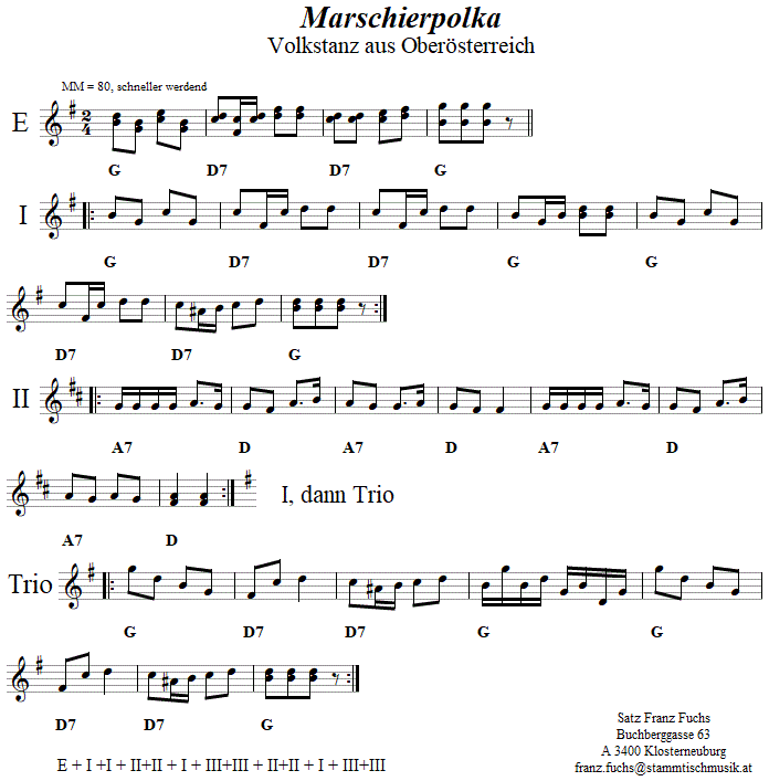 Marschierpolka, Begleitstimme für Akkordeon zur Okarina, Seite 1. 
Bitte klicken, um die Melodie zu hören.