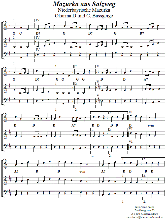 Mazurka aus Salzweg, Seite 2, in zweistimmigen Noten für Okarina. 
Bitte klicken, um die Melodie zu hören.