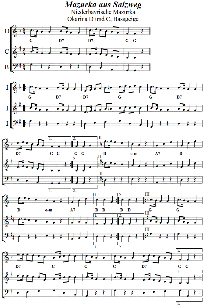 Mazurka aus Salzweg, Seite 1, in zweistimmigen Noten für Okarina. 
Bitte klicken, um die Melodie zu hören.