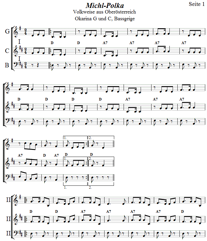 Michl-Polka in zweistimmigen Noten für Okarina, Seite 1. 
Bitte klicken, um die Melodie zu hören.
