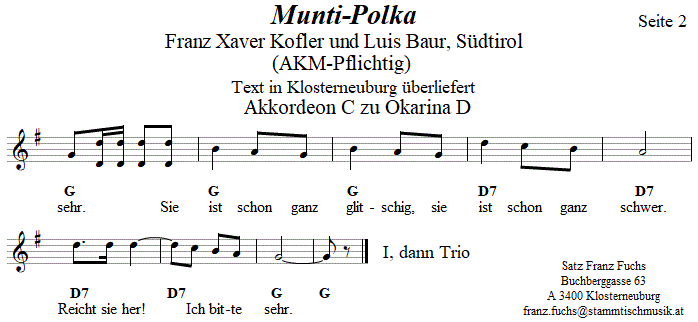 Munti-Polka, Begleitstimme für Akkordeon zur Okarina, Seite 2. 
Bitte klicken, um die Melodie zu hören.