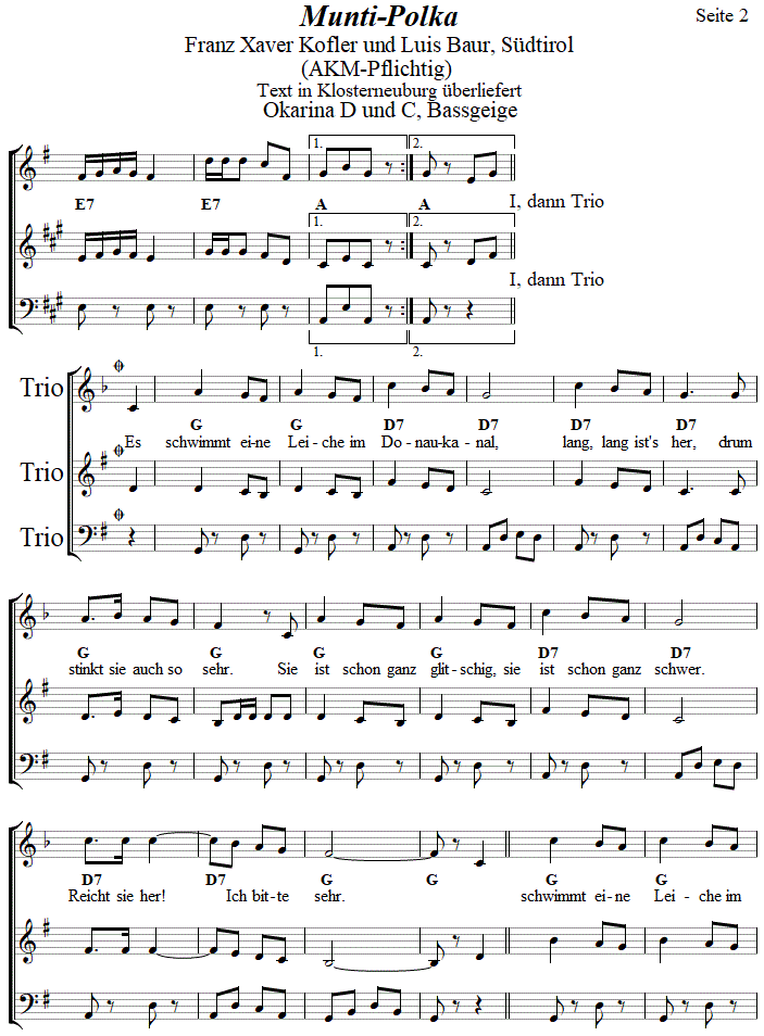 Munti-Polka in zweistimmigen Noten für Okarina, Seite 2. 
Bitte klicken, um die Melodie zu hören.