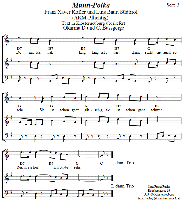 Munti-Polka in zweistimmigen Noten für Okarina, Seite 3. 
Bitte klicken, um die Melodie zu hören.