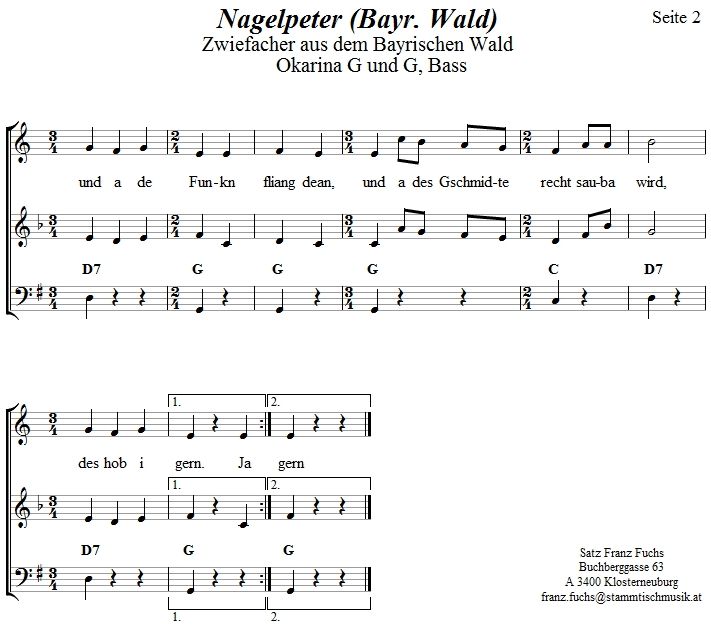 Nagelpeter aus dem Bayrischen Wald in zweistimmigen Noten für Okarina, Seite 2. 
Bitte klicken, um die Melodie zu hören.