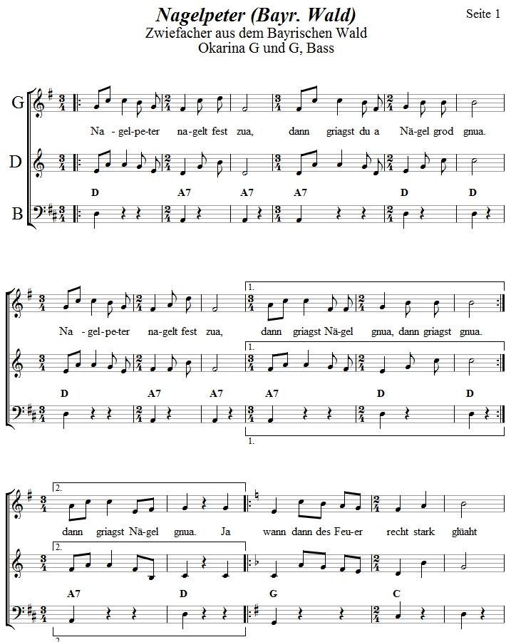 Nagelpeter aus dem Bayrischen Wald in zweistimmigen Noten für Okarina, Seite 1. 
Bitte klicken, um die Melodie zu hören.