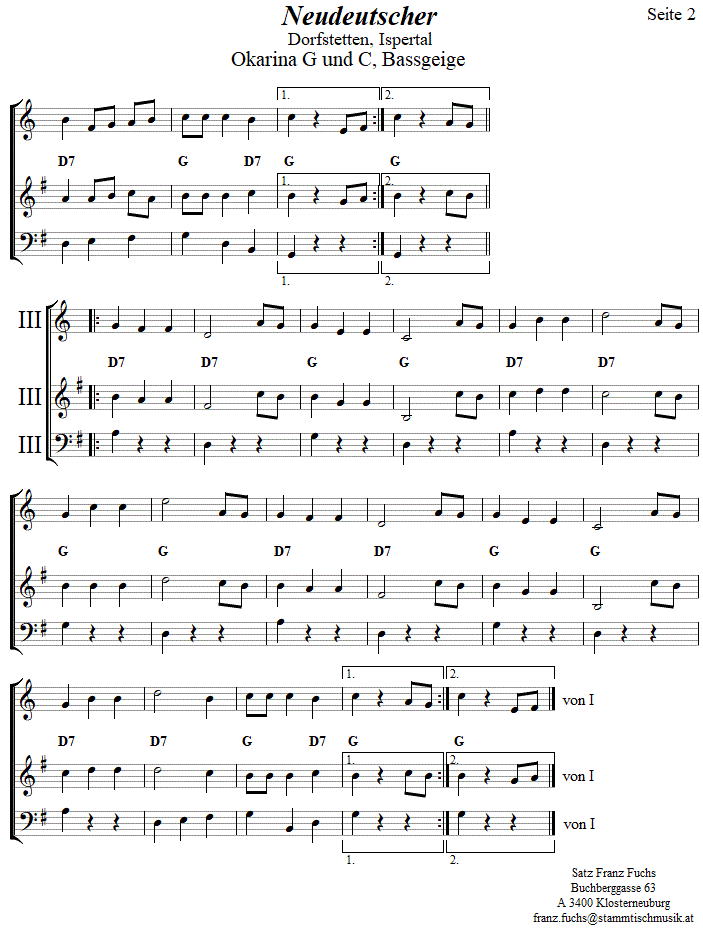 Neudeutscher in zweistimmigen Noten für Okarina, Seite 2. 
Bitte klicken, um die Melodie zu hören.