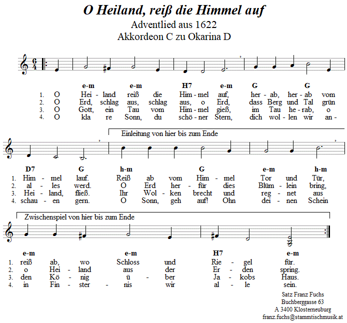 O Heiland, reiß die Himmel auf, Adventlied, Begleitstimme für Akkordeon zur Okarina. 
Bitte klicken, um die Melodie zu hören.