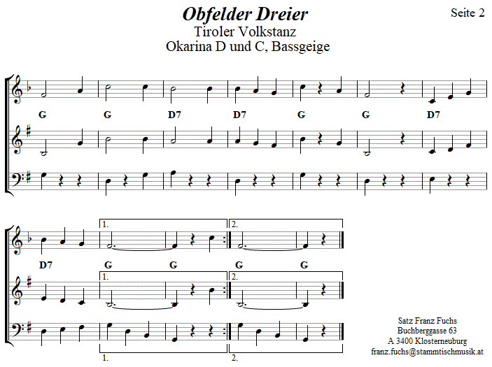 Obfelder Dreier, in zweistimmigen Noten für Okarina, Seite 2. 
Bitte klicken, um die Melodie zu hören.