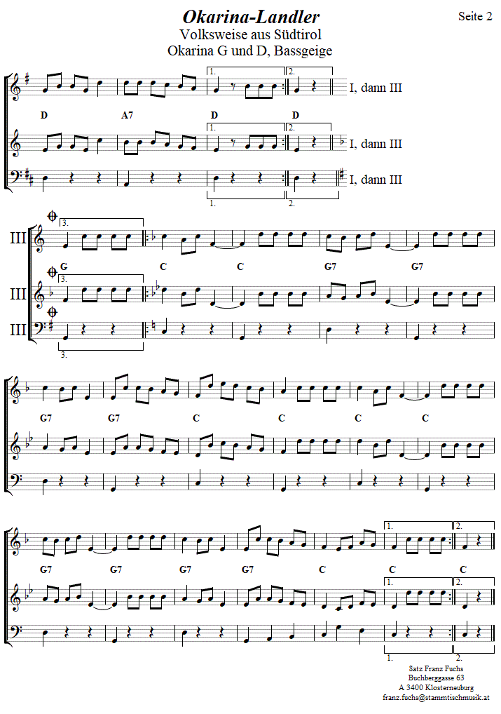 Okarinalandler in zweistimmigen Noten für Okarina, Seite 2. 
Bitte klicken, um die Melodie zu hören.
