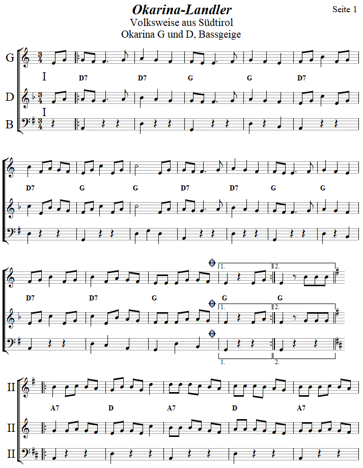 Okarinalandler in zweistimmigen Noten für Okarina, Seite 1. 
Bitte klicken, um die Melodie zu hören.