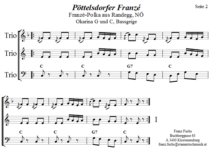 Pöttelsdorfer Franzee  in zweistimmigen Noten für Okarina, Seite 2. 
Bitte klicken, um die Melodie zu hören.