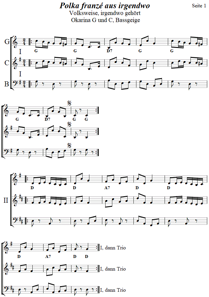 Polka franze aus Irgendwo  in zweistimmigen Noten für Okarina, Seite 1. 
Bitte klicken, um die Melodie zu hören.