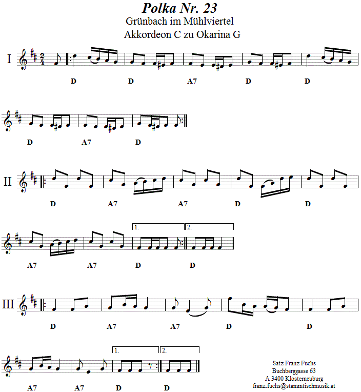 Polka Nr. 23 aus Grünbach, Begleitstimme für Akkordeon zur Okarina. 
Bitte klicken, um die Melodie zu hören.