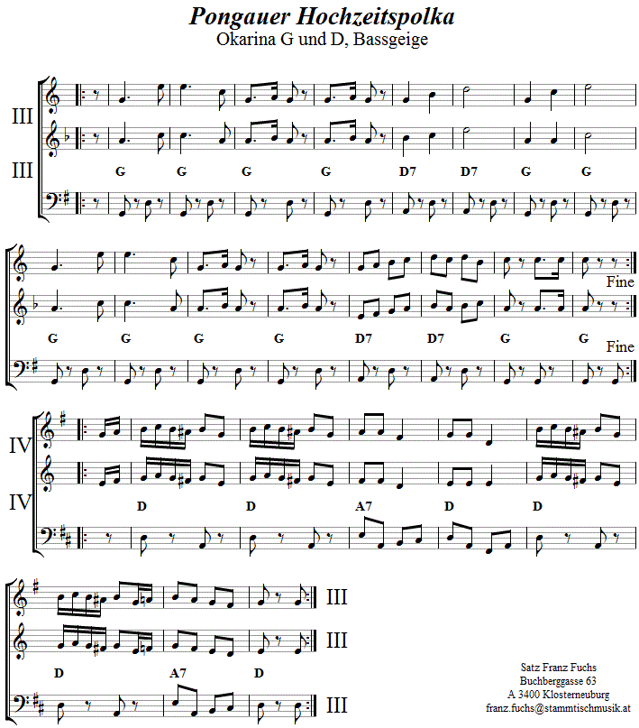 Pongauer Hochzeitspolka  in zweistimmigen Noten für Okarina, Seite 2. 
Bitte klicken, um die Melodie zu hören.