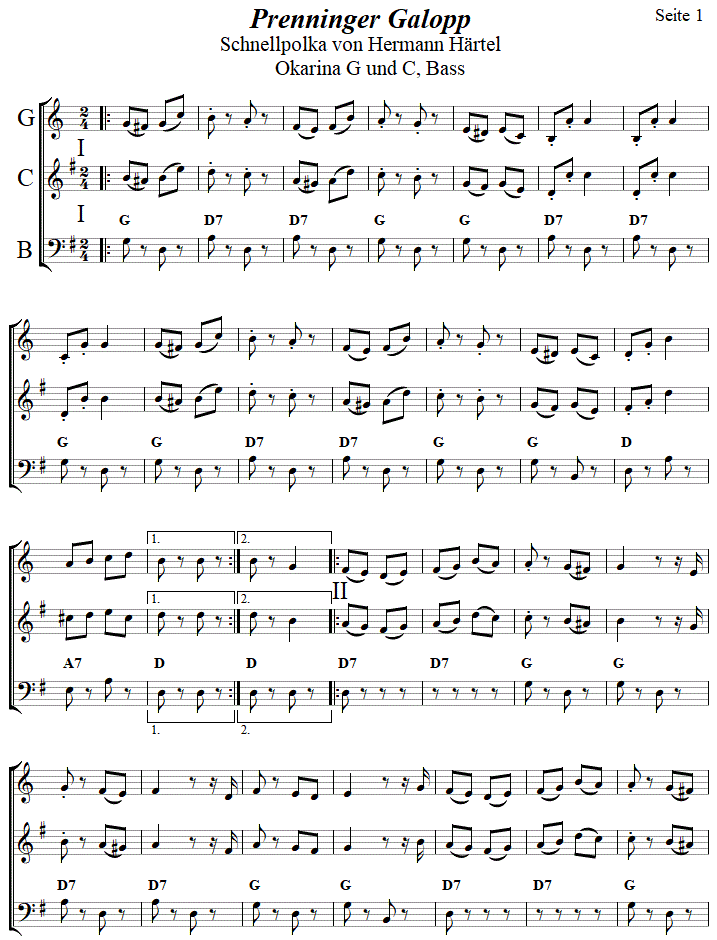 Prenninger Galopp in zweistimmigen Noten für Okarina, Seite 1. 
Bitte klicken, um die Melodie zu hören.