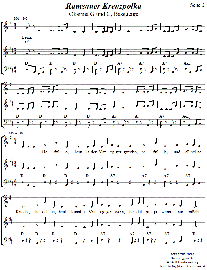 Ramsauer Kreuzpolka, Seite 2, in zweistimmigen Noten für Okarina. 
Bitte klicken, um die Melodie zu hören.
