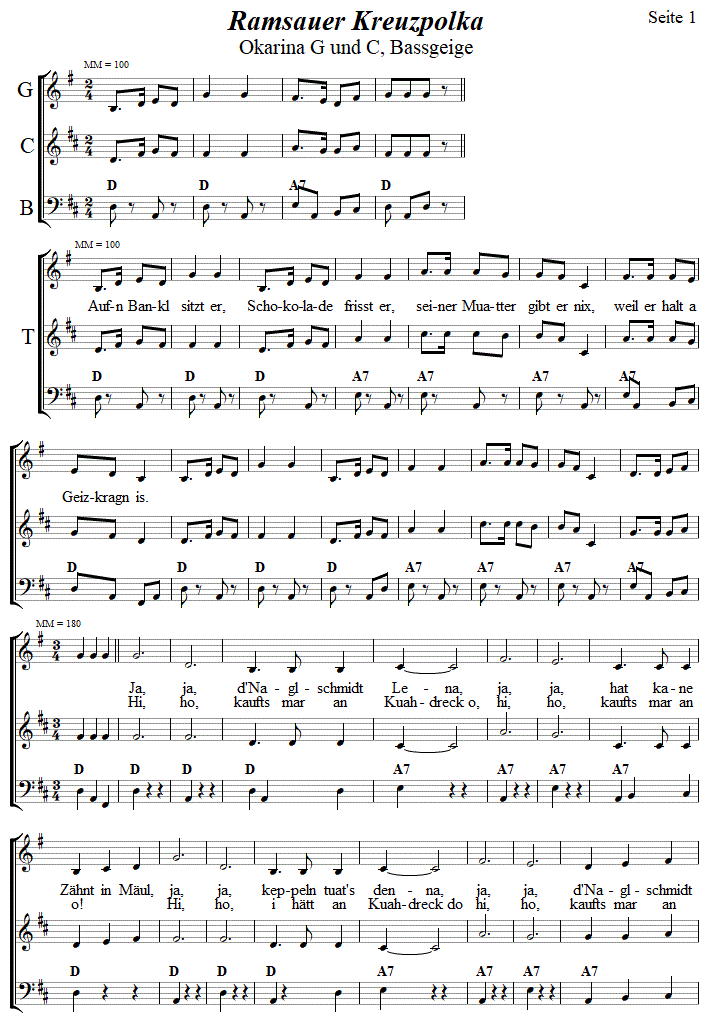 Ramsauer Kreuzpolka, Seite 1, in zweistimmigen Noten für Okarina. 
Bitte klicken, um die Melodie zu hören.