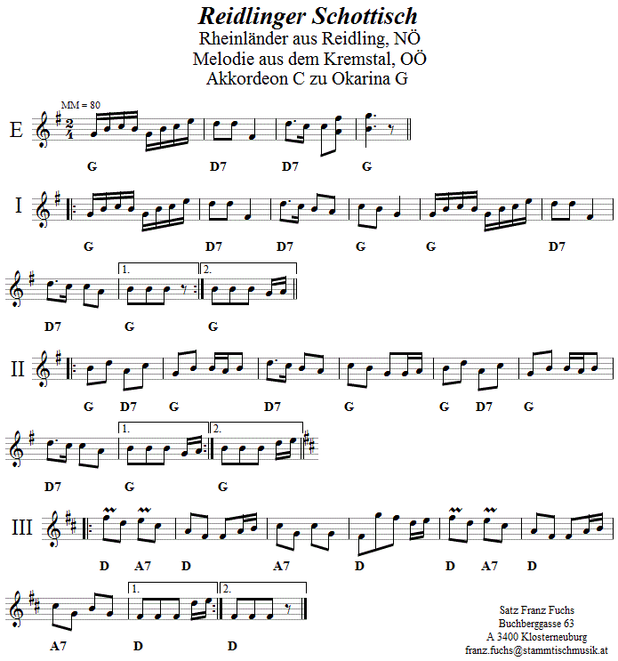 Reidlinger Schottisch Begleitstimme für Akkordeon zur Okarina. 
Bitte klicken, um die Melodie zu hören.