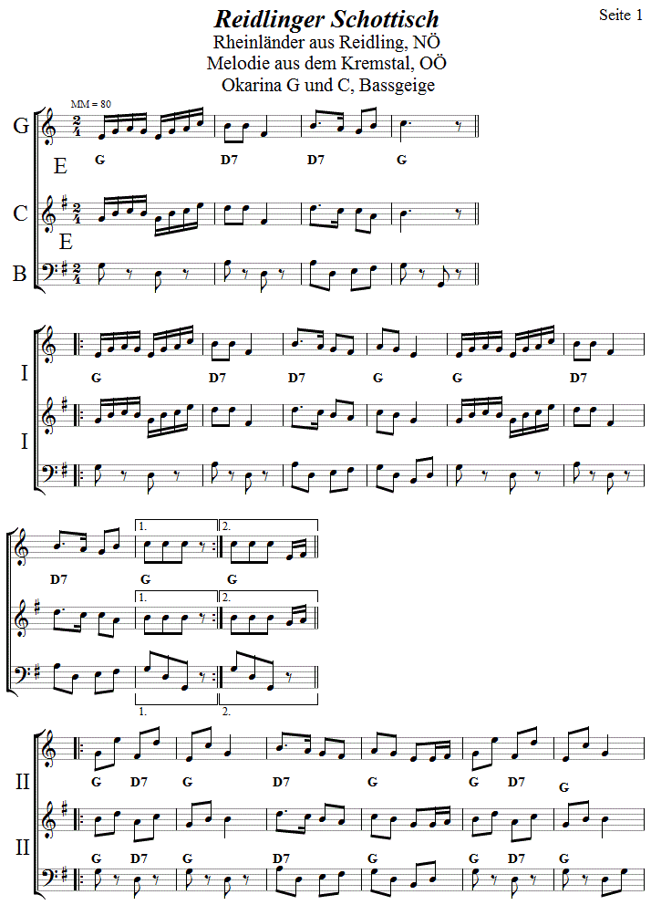 Reidlinger Schottisch in zweistimmigen Noten für Okarina, Seite 1. 
Bitte klicken, um die Melodie zu hören.