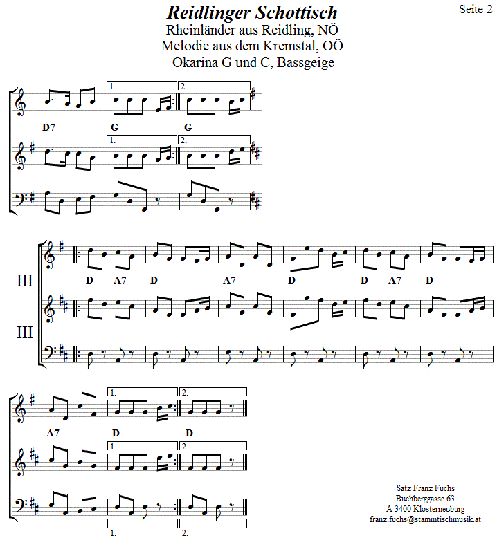 Reidlinger Schottisch in zweistimmigen Noten für Okarina, Seite 2. 
Bitte klicken, um die Melodie zu hören.