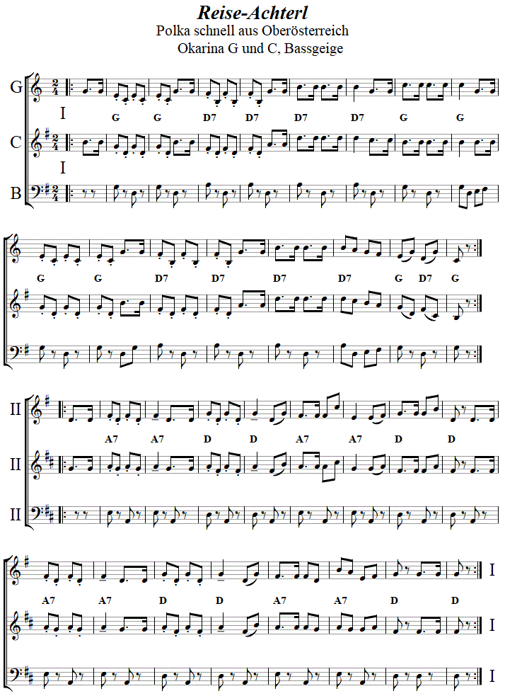 Reiseachterl in zweistimmigen Noten für Okarina, Seite 1. 
Bitte klicken, um die Melodie zu hören.