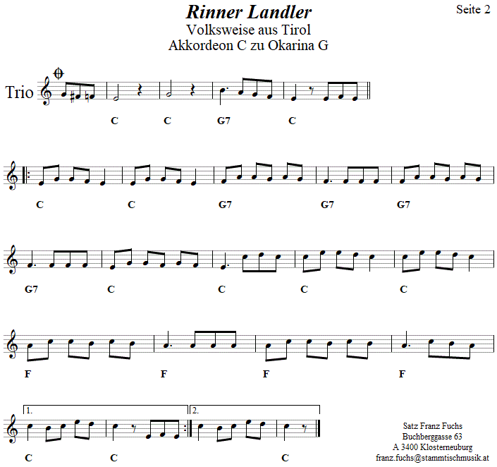 Rinner Landler, Begleitstimme für Akkordeon zur Okarina, Seite 2. 
Bitte klicken, um die Melodie zu hören.