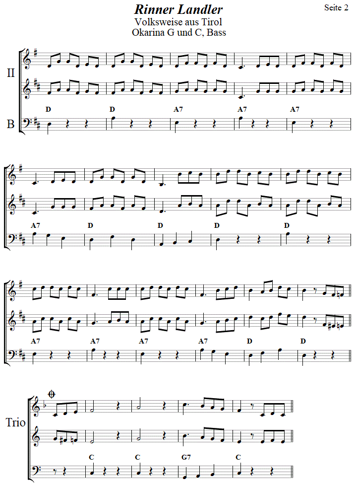 Rinner Landler in zweistimmigen Noten für Okarina, Seite 2. 
Bitte klicken, um die Melodie zu hören.