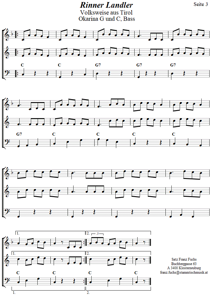 Rinner Landler in zweistimmigen Noten für Okarina, Seite 3. 
Bitte klicken, um die Melodie zu hören.