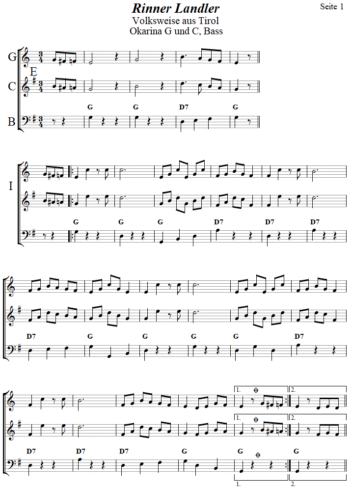 Rinner Landler in zweistimmigen Noten für Okarina, Seite 1. 
Bitte klicken, um die Melodie zu hören.