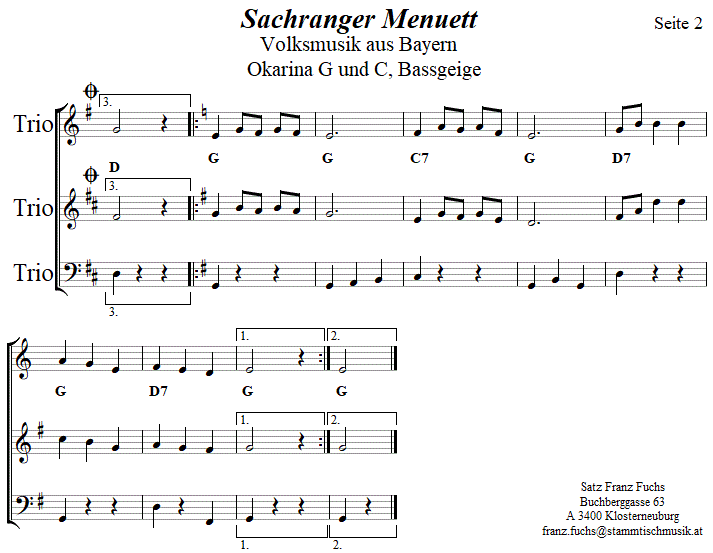 Sachranger Menuett in zweistimmigen Noten für Okarina, Seite 2. 
Bitte klicken, um die Melodie zu hören.