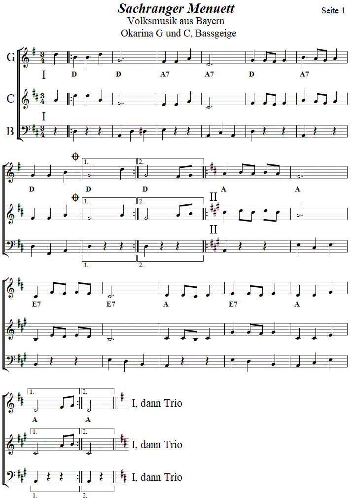 Sachranger Menuett in zweistimmigen Noten für Okarina, Seite 1. 
Bitte klicken, um die Melodie zu hören.