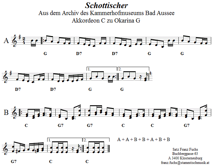 Schottischer aus dem Kammerhofmuseum, Begleitstimme für Akkordeon zur Okarina. 
Bitte klicken, um die Melodie zu hören.