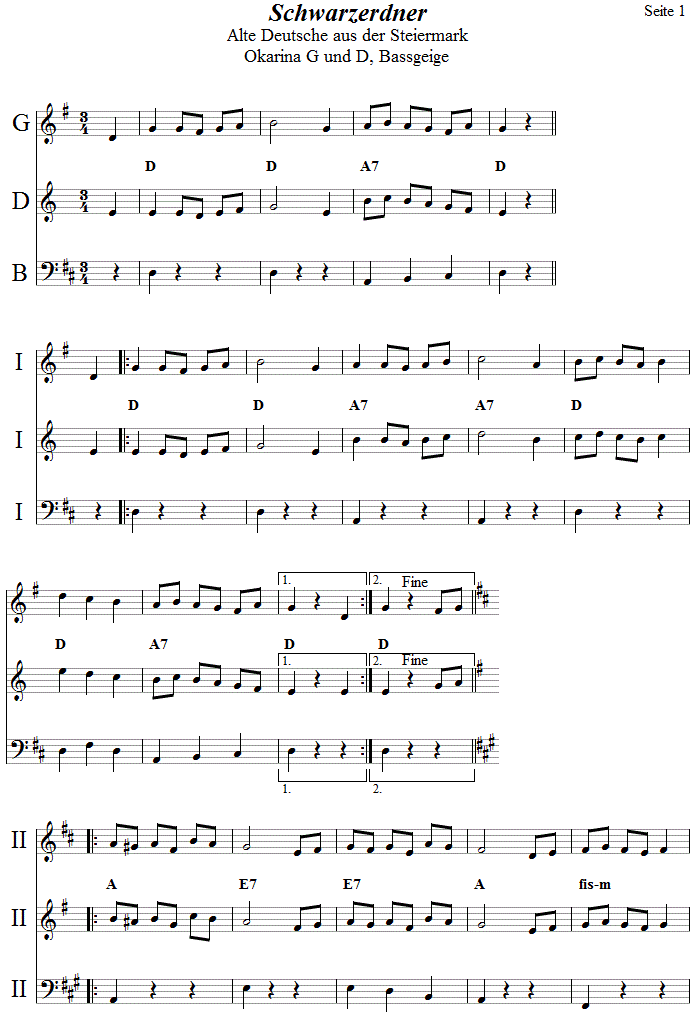 Schwarzerdner  in zweistimmigen Noten für Okarina, Seite 1. 
Bitte klicken, um die Melodie zu hören.