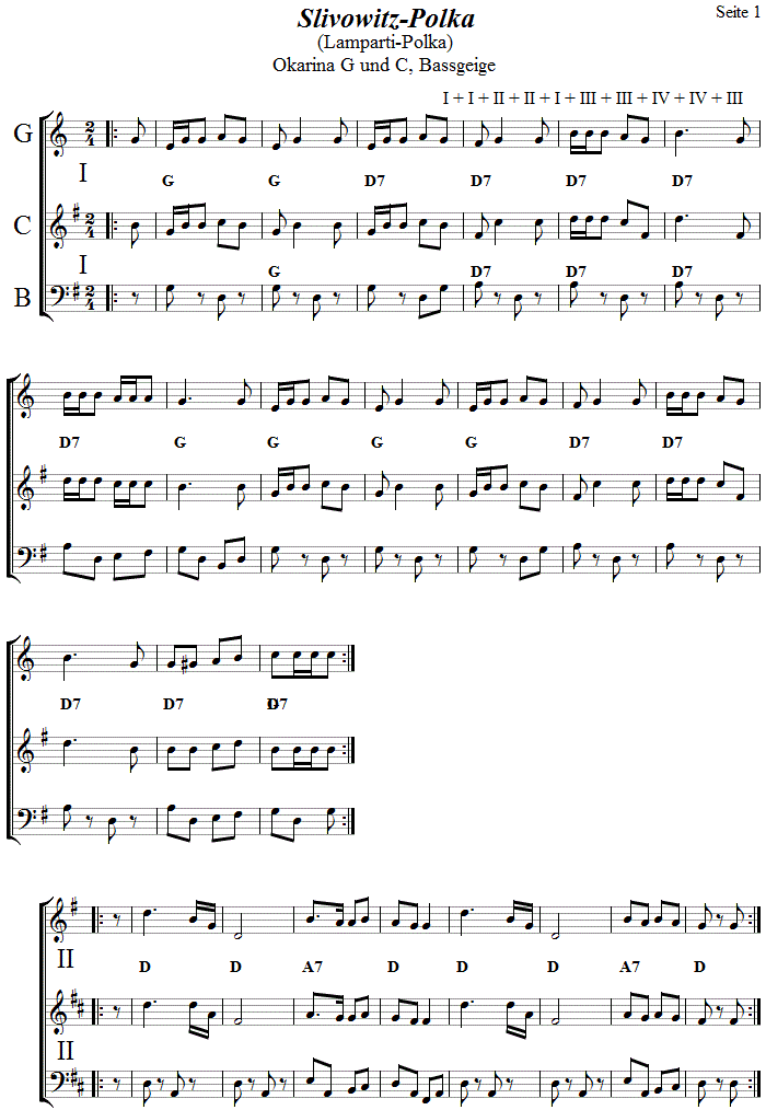 Slivowitz-Polka  in zweistimmigen Noten für Okarina, Seite 1. 
Bitte klicken, um die Melodie zu hören.