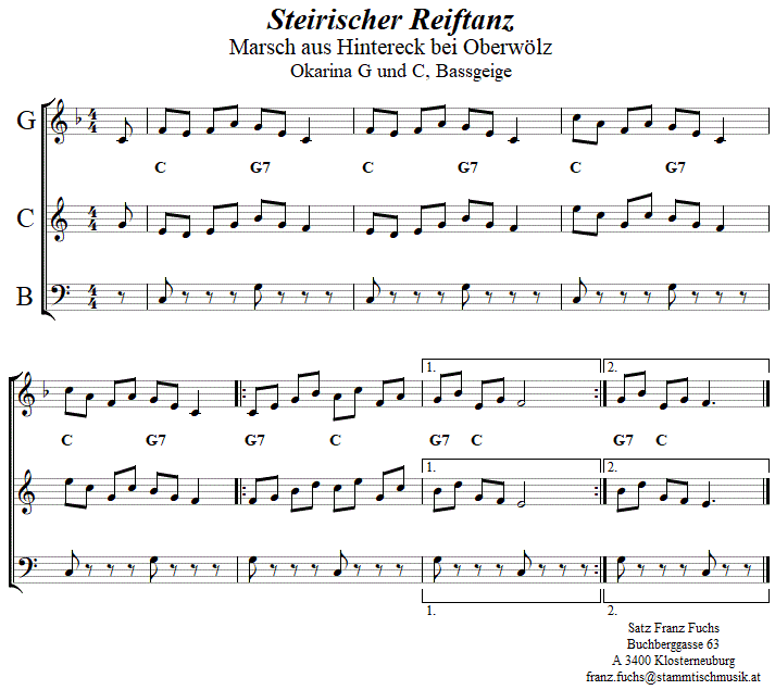 Steirischer Reiftan (Marsch aus Hintereck) in zweistimmigen Noten für Okarina, Seite 1. 
Bitte klicken, um die Melodie zu hören.