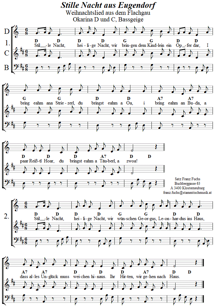 Stille Nacht aus Eugendorf, Weihnachtslied in zweistimmigen Noten für Okarina, Seite 1. 
Bitte klicken, um die Melodie zu hören.