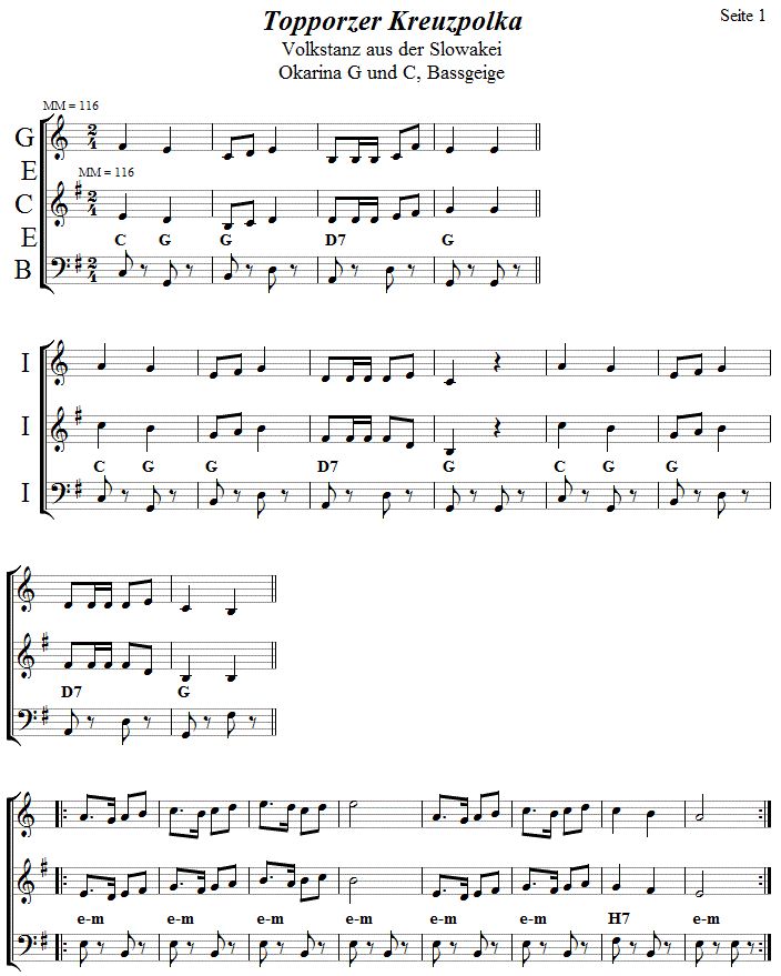 Topporzer Kreuzpolka in zweistimmigen Noten für Okarina, Seite 1. 
Bitte klicken, um die Melodie zu hören.