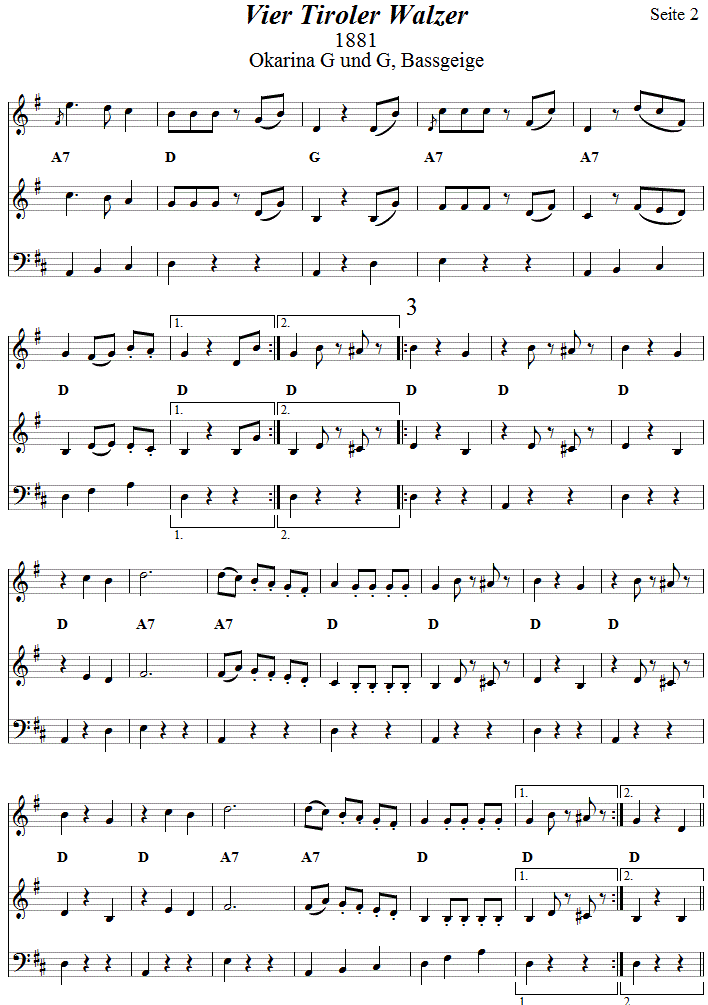 Vier Tiroler Walzer in zweistimmigen Noten für Okarina, Seite 2. 
Bitte klicken, um die Melodie zu hören.
