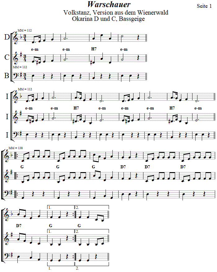 Warschauer in zweistimmigen Noten für Okarina, Seite 1. 
Bitte klicken, um die Melodie zu hören.