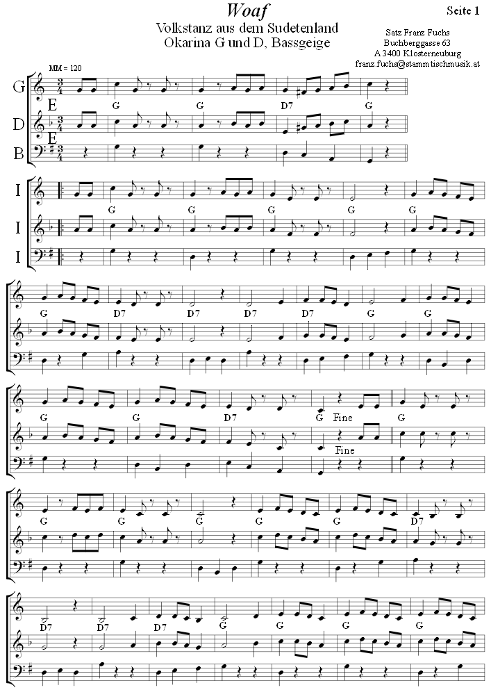 Woaf in zweistimmigen Noten fr Okarina, Seite 1. 
Bitte klicken, um die Melodie zu hren.
