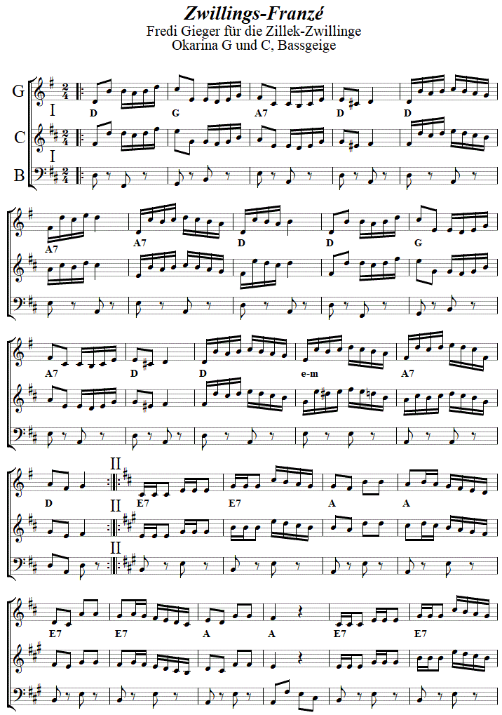 Zwillings-Franzé in zweistimmigen Noten für Okarina, Seite 1. 
Bitte klicken, um die Melodie zu hören.