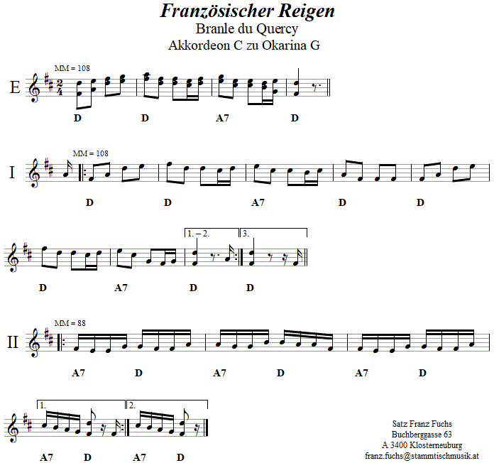 Französischer Reigen (Branle du Quercy), Begleitstimme für Akkordeon zur Okarina. 
Bitte klicken, um die Melodie zu hören.