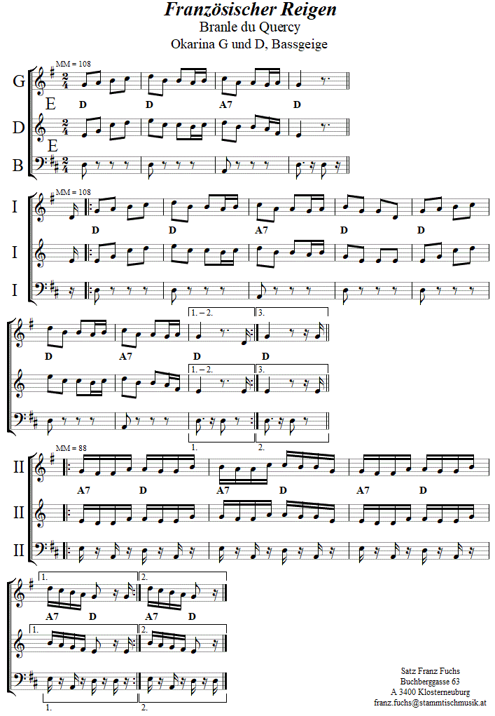 Französischer Reigen (Branle du Quercy) in zweistimmigen Noten für Okarina. 
Bitte klicken, um die Melodie zu hören.